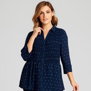 Vanessa Virginia Navy Blue Polka Dot Tunic Top 8 Smocked Chiffon Button Front